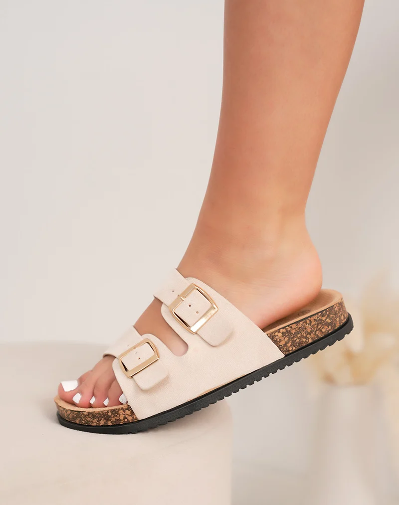 Mules femme beiges à double bride épaisse avec boucles dorées