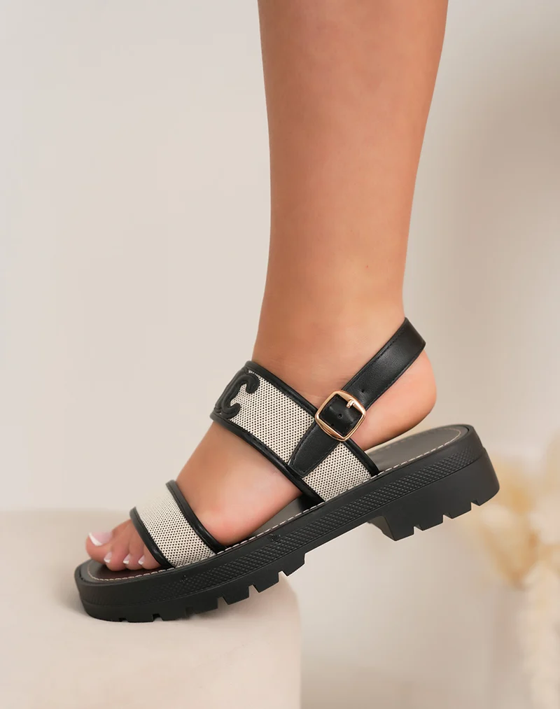Sandales femme noires confortables à brides tissées avec détails contrastants