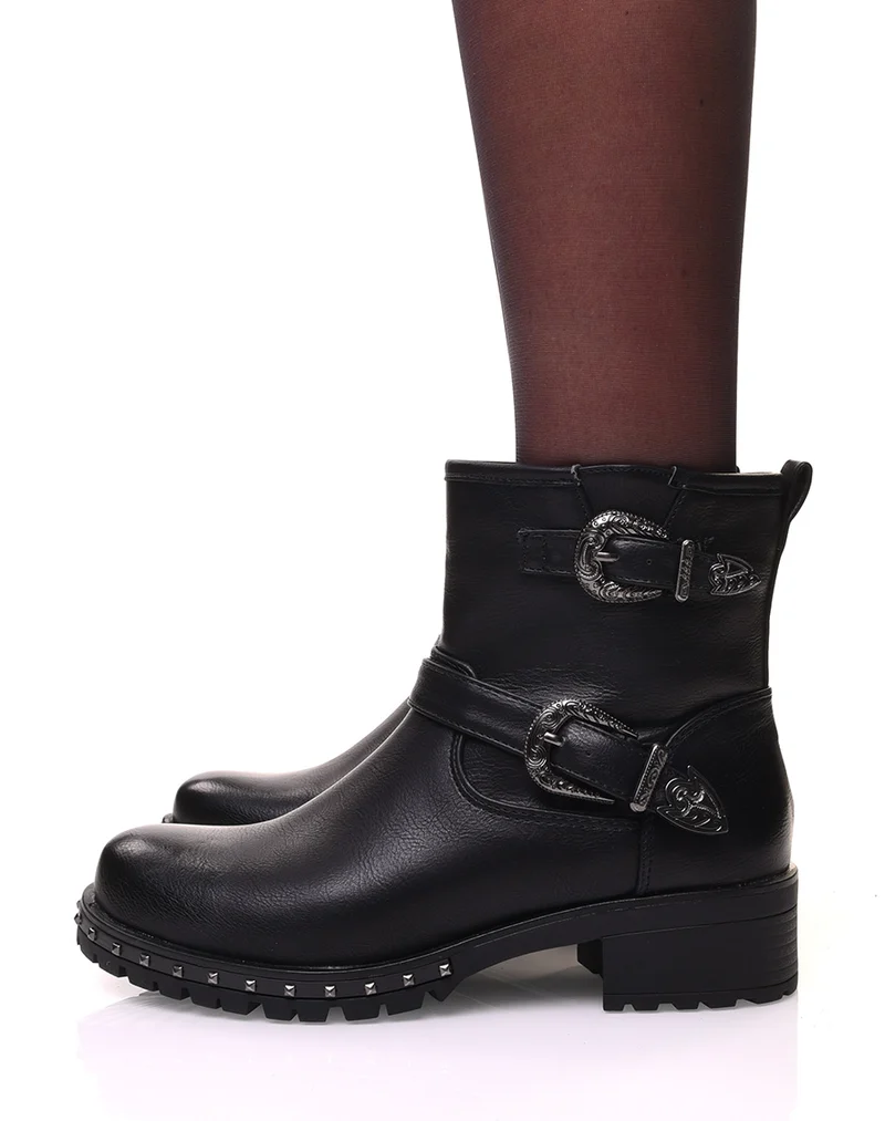 Bottines noires à sangles à boucles décorées