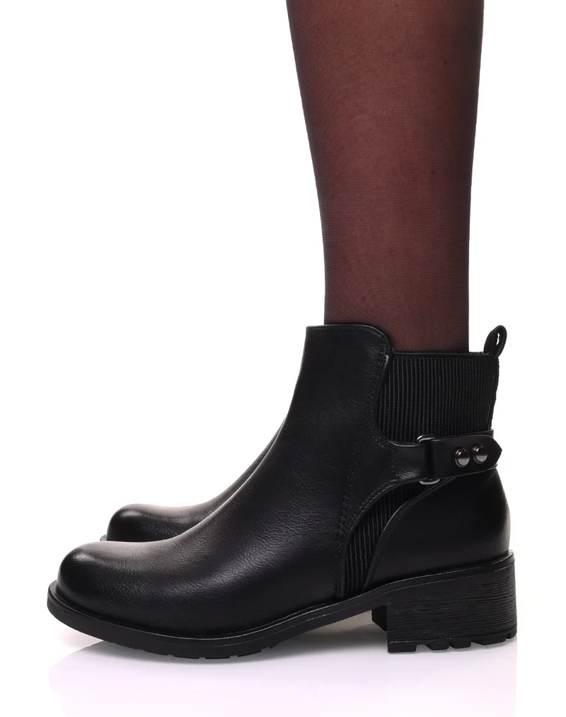 Bottines noires bi-matières à sangles décoratives