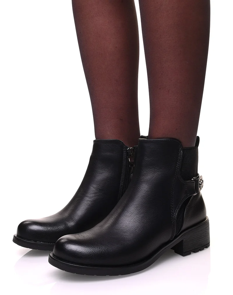 Bottines noires bi-matières à sangles décoratives