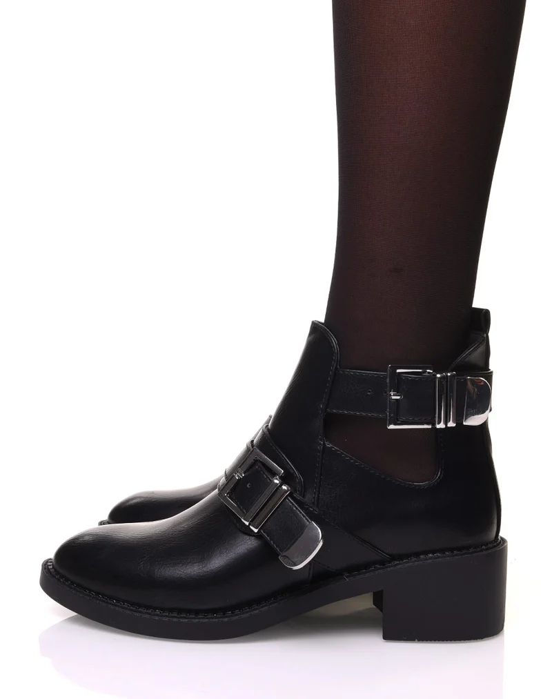Bottines noires ajourées à sangle décorative