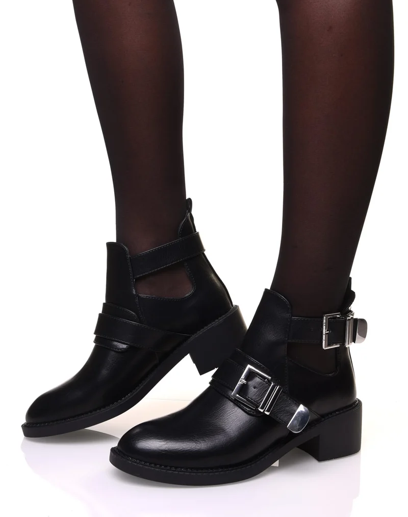 Bottines noires ajourées à sangle décorative