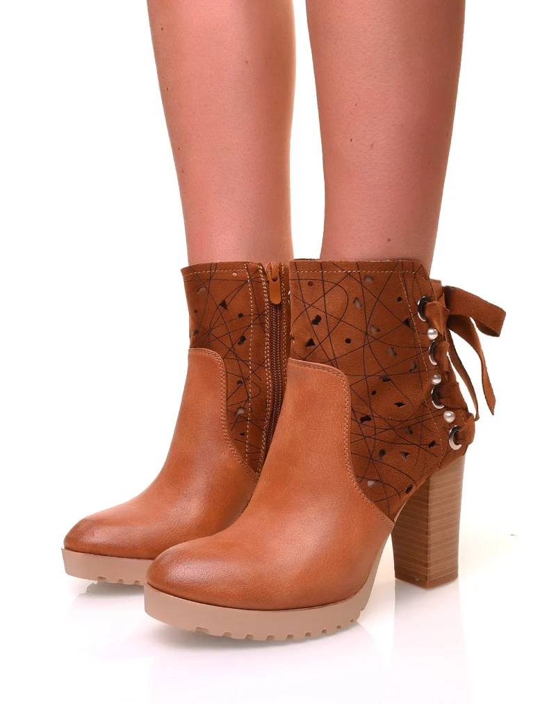 Bottines à talons camelles bi-matières à noeuds et perles