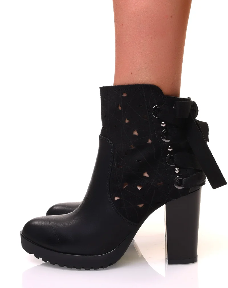 Bottines à talons noires bi-matières à noeuds et perles