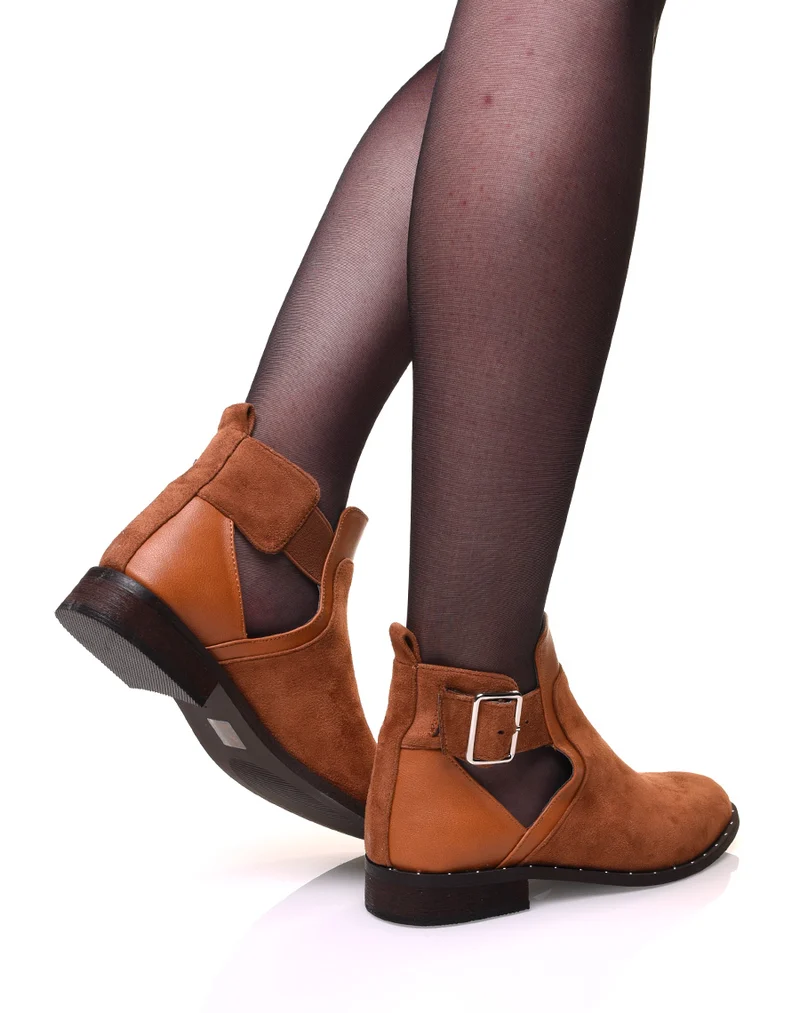 Bottines camels bi-matières ajourées cloutés