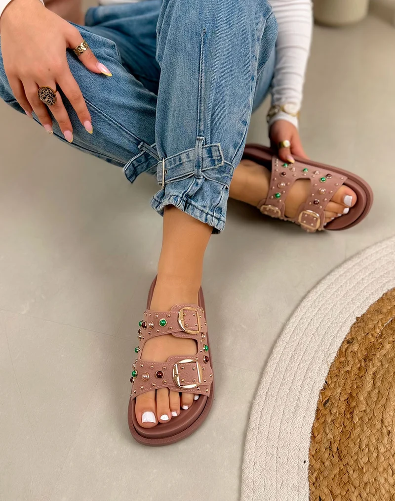 Mules femme rose poudré élégante à double boucle avec perles colorées