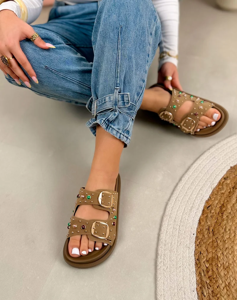 Mules femme beige foncé élégante à double boucle avec perles colorées
