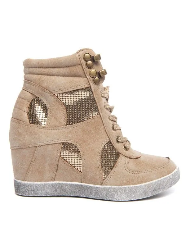 Chaussure femme Ideal: Basket montante beige strass doré.