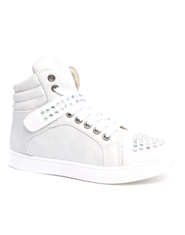Baskets femme blanches à lacets scratch et strass
