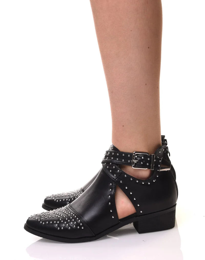 Bottines noires cloutées à boucles croisées