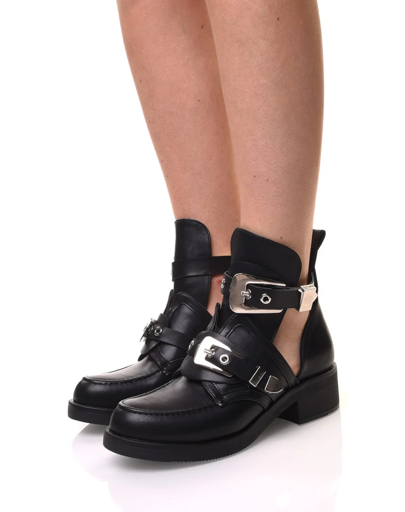 Bottines noires plates ajourées avec sangles