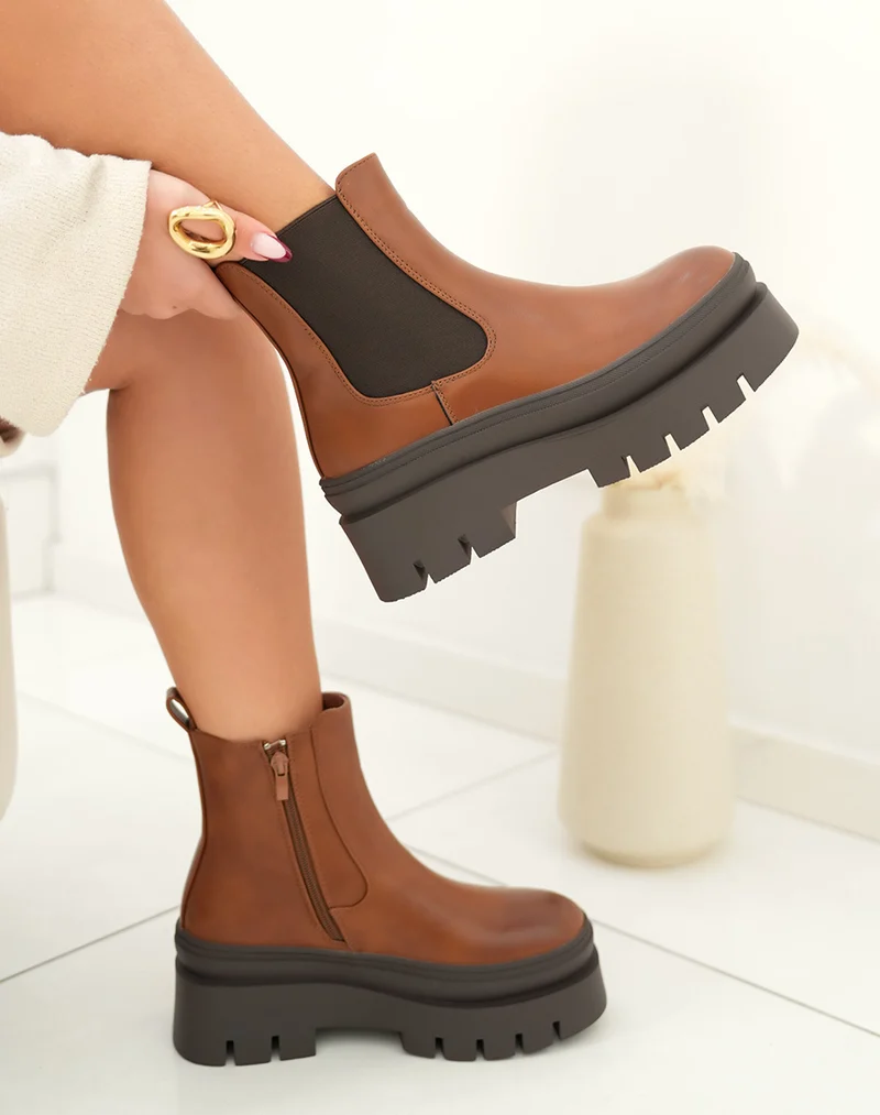 Bottines femme camel style Chelsea avec plateforme épaisse et semelle crantée
