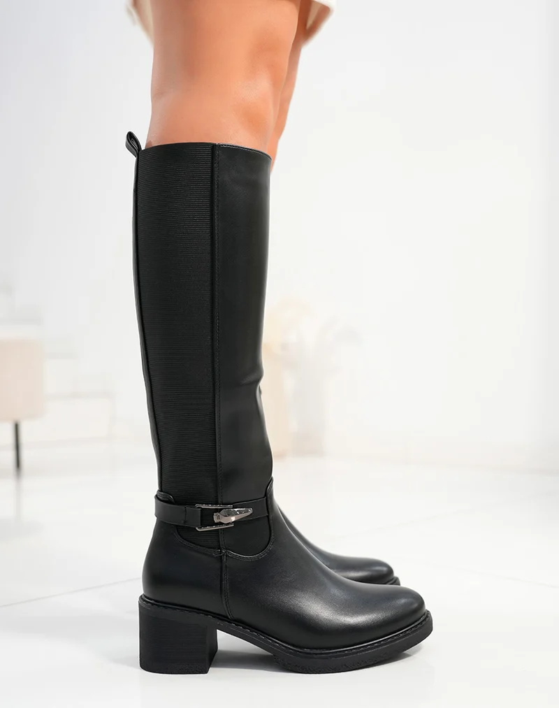 Bottes femme noires à talon moyen avec élastique et lanière argentée