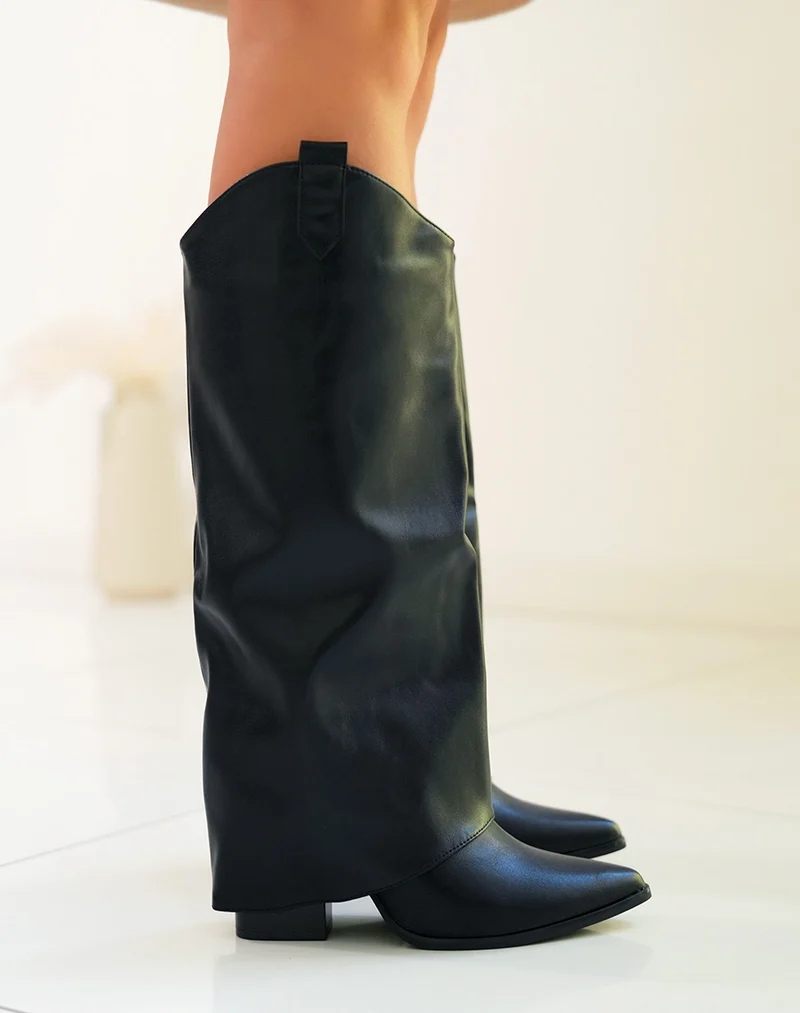 Bottes femme à revers effet cuir avec bout pointu et talon
