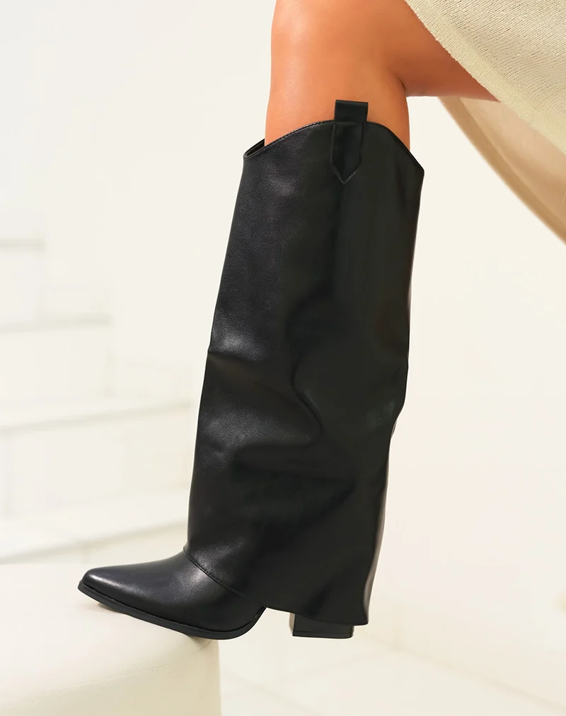 Bottes femme à revers effet cuir avec bout pointu et talon