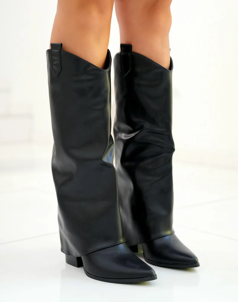 Bottes femme à revers effet cuir avec bout pointu et talon
