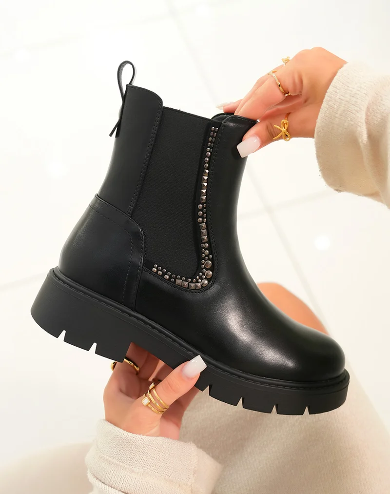 Bottines femme noires Chelsea avec détail clous anthracite