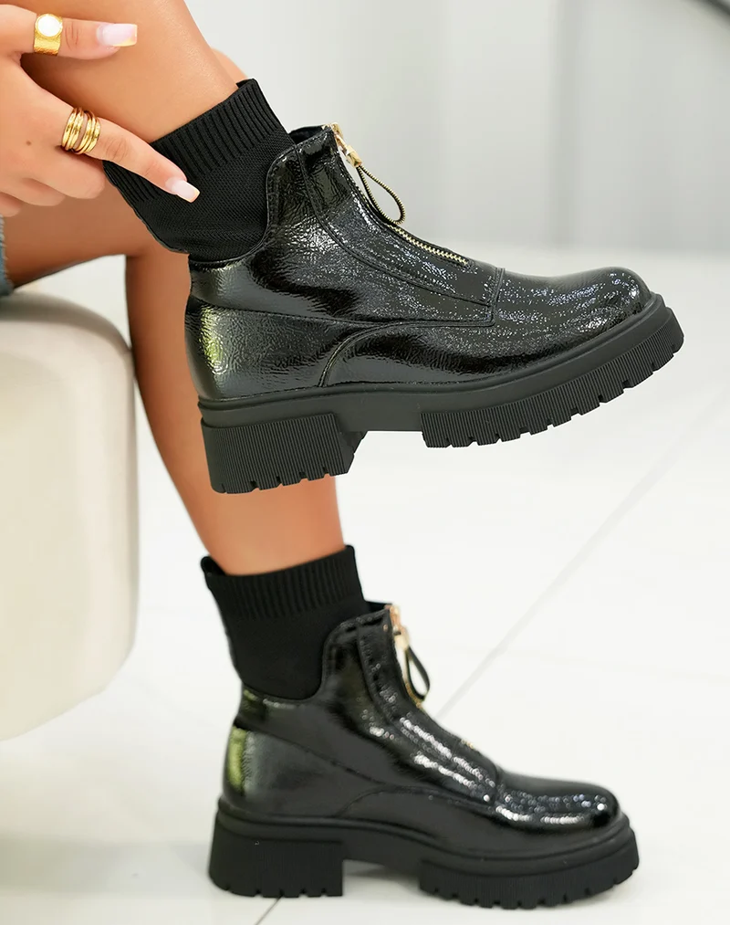 Bottines femme noires vernies tendance avec fermeture zippée