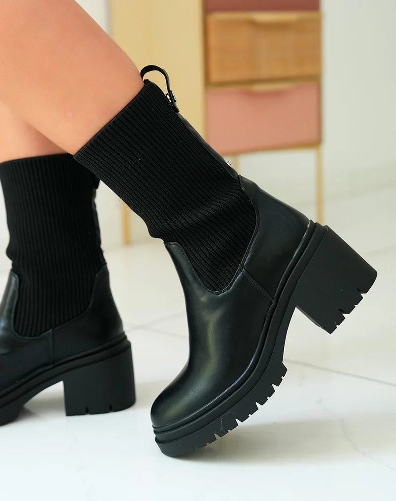 Bottines Chelsea Noires Bi-Matière à Talon Épais pour Femme