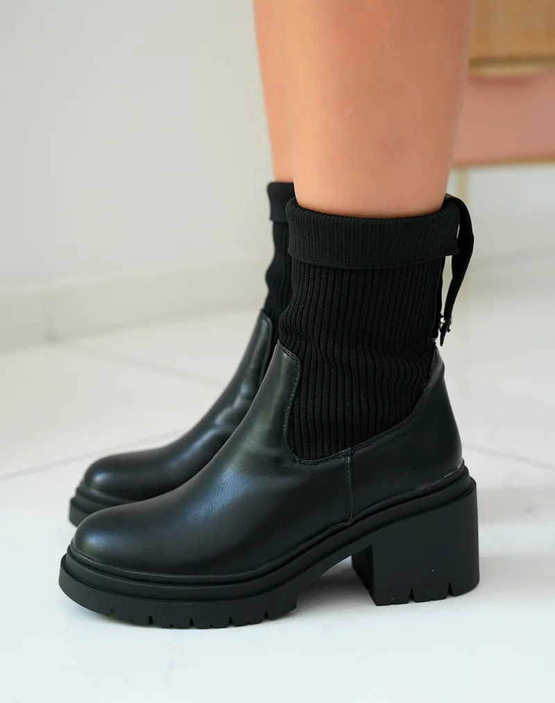 Bottines Chelsea Noires Bi-Matière à Talon Épais pour Femme