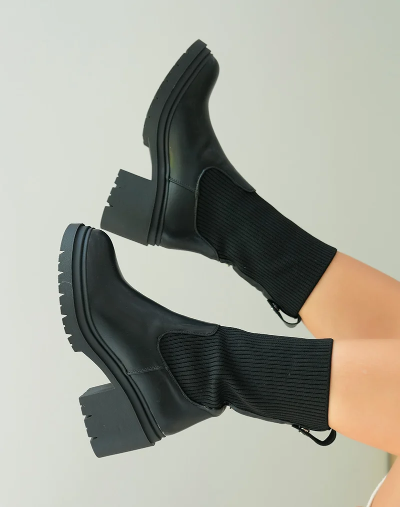 Bottines Chelsea Noires Bi-Matière à Talon Épais pour Femme