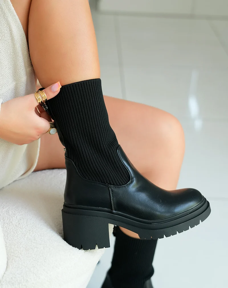 Bottines Chelsea Noires Bi-Matière à Talon Épais pour Femme