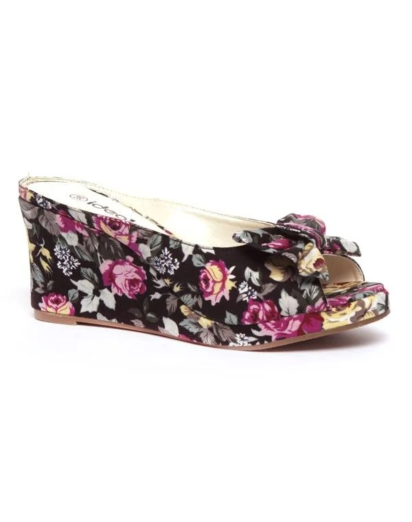 Chaussures femme Ideal: Sandale compensée motif fleuri - noir