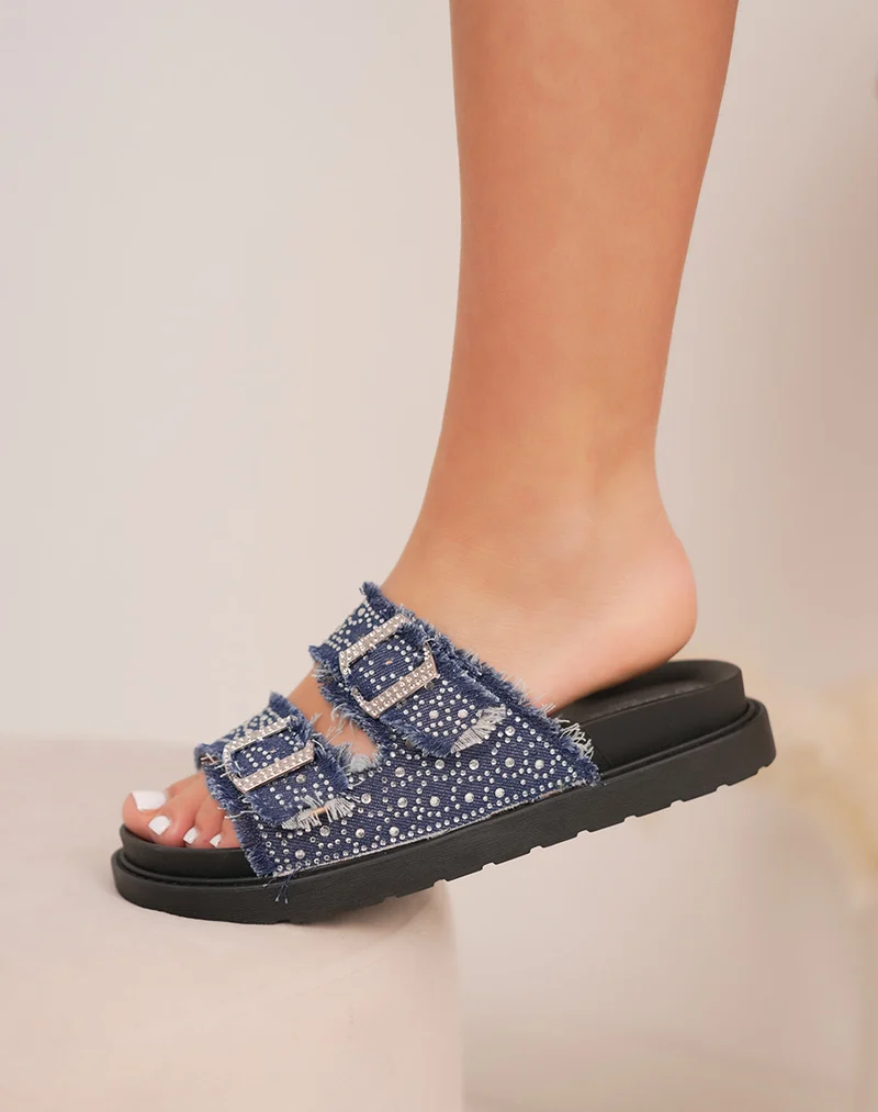 Mules femme en jean bleu foncé tendance avec strass et effet déchiré