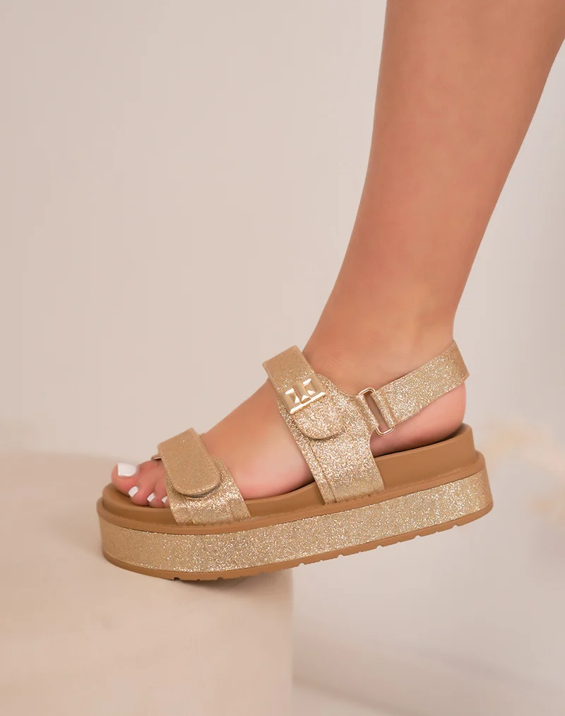 Sandales femme dorées à paillettes tendance avec brides scratch et semelle épaisse