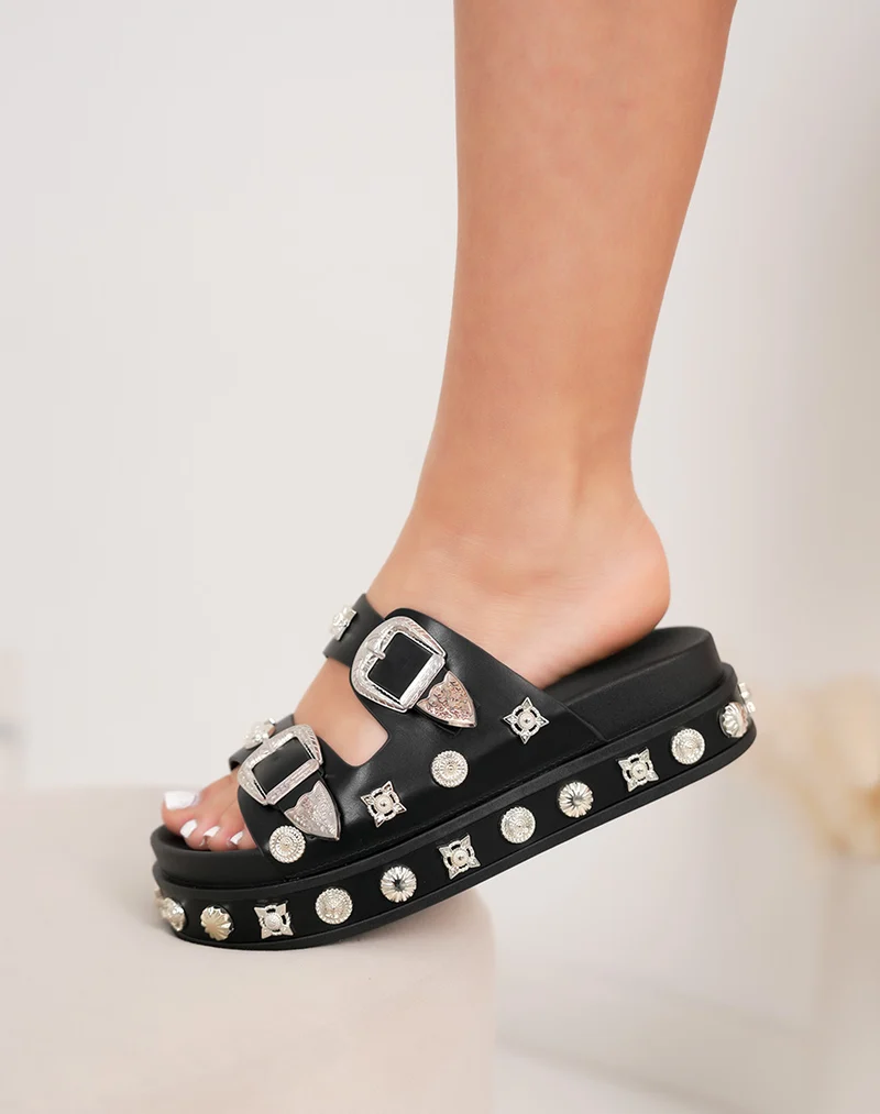 Mules plateforme noires Femme à double sangle cloutée