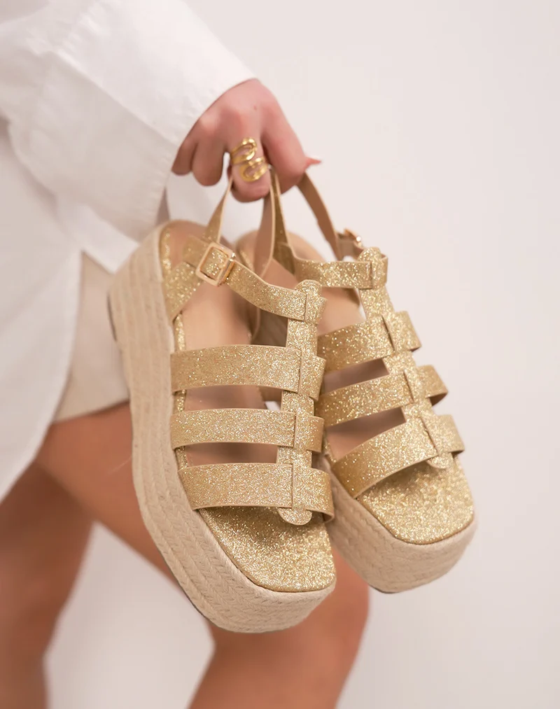 Sandales compensées femme dorées à paillettes avec multiples brides et semelle effet corde
