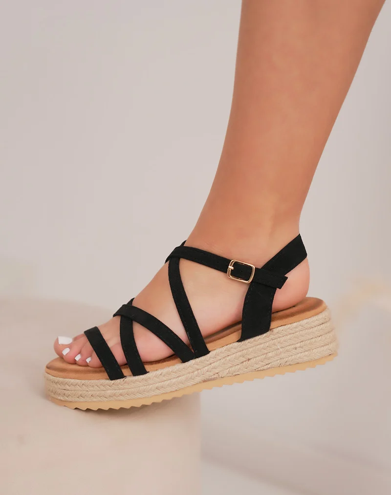 Sandales femme compensées noires à brides croisées et semelle en jute
