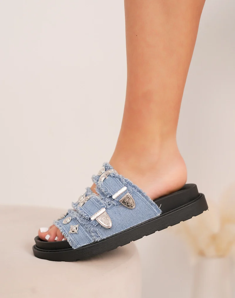Mules femme effet jean avec brides bijou et plateforme noire ultra tendance