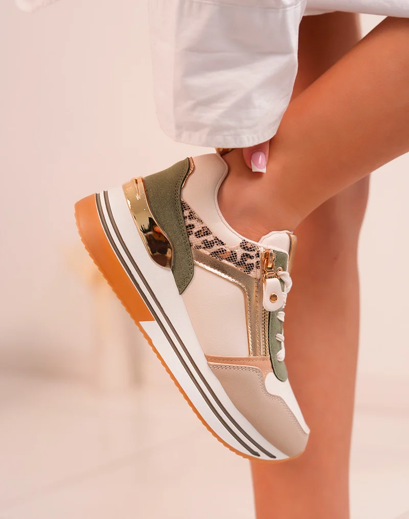 Basket femme verte et beige tendance avec détails léopard et dorés