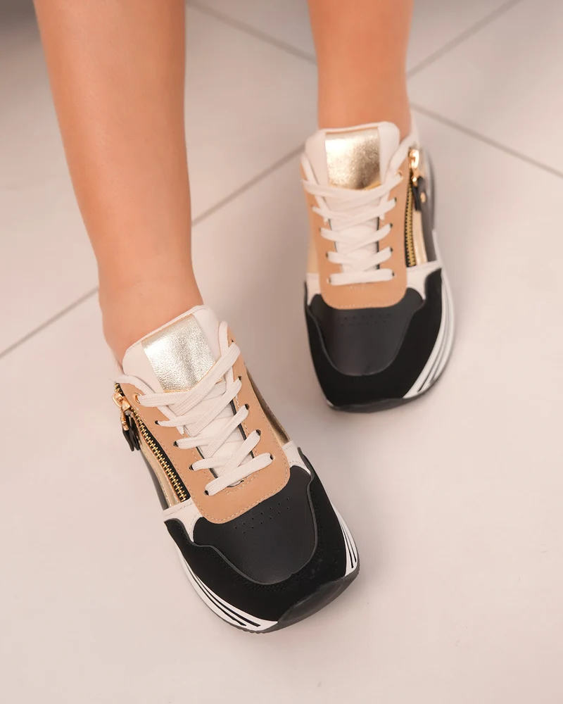 Baskets femme noires et dorées avec effet serpent et fermeture zip