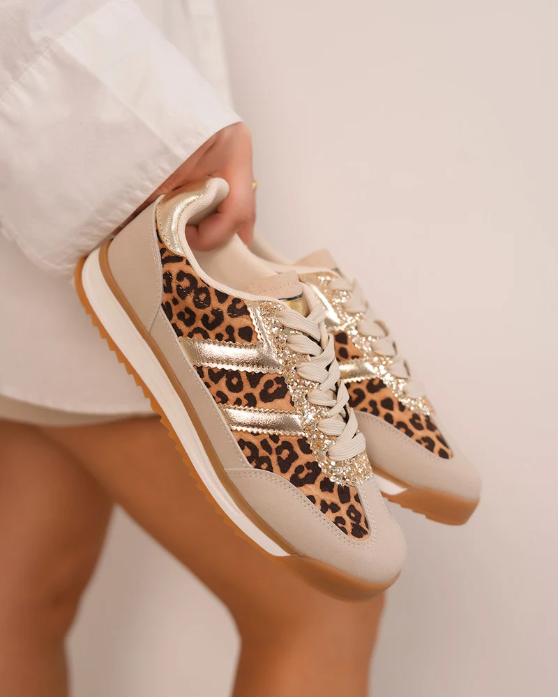 Basket femme beige à empiècements léopard et doré