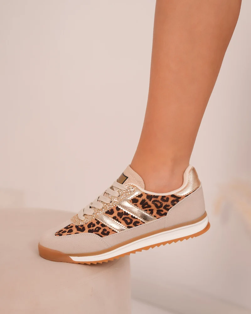 Basket femme beige à empiècements léopard et doré