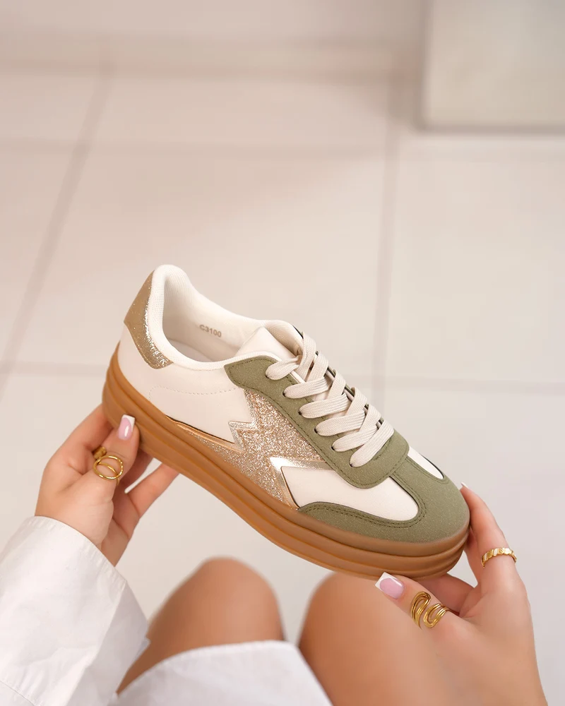 Basket femme beige avec empiècements kaki et doré pailleté