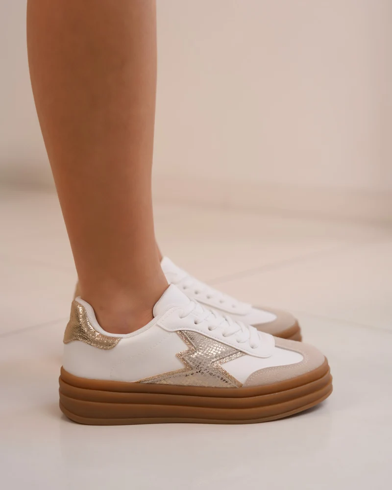 Basket femme blanche avec empiècements beige et doré pailleté