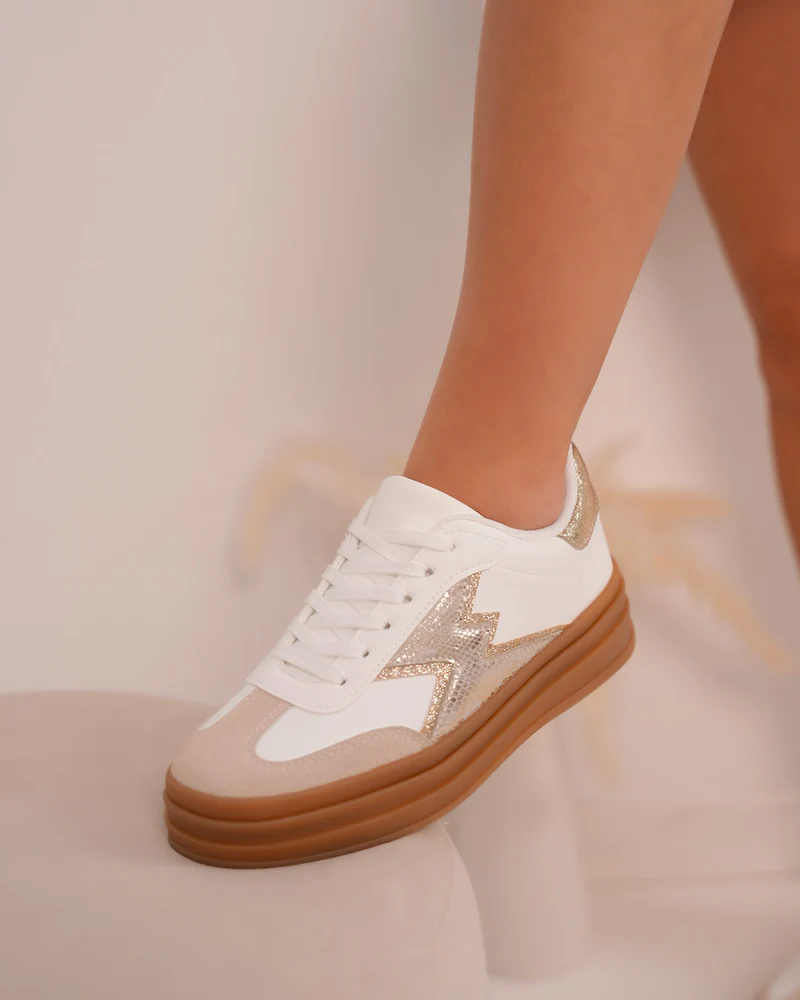 Basket femme blanche avec empiècements beige et doré pailleté