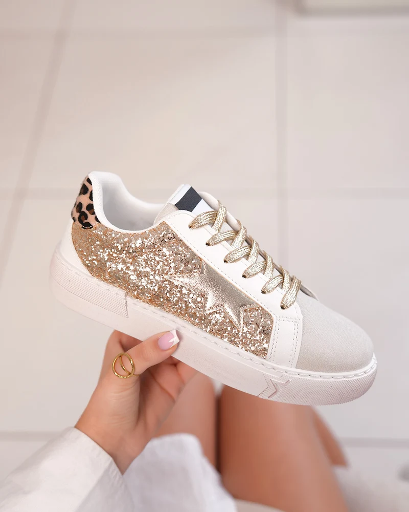 Basket Femme Beige à Empiècement Pailleté Doré et Détails Tendance