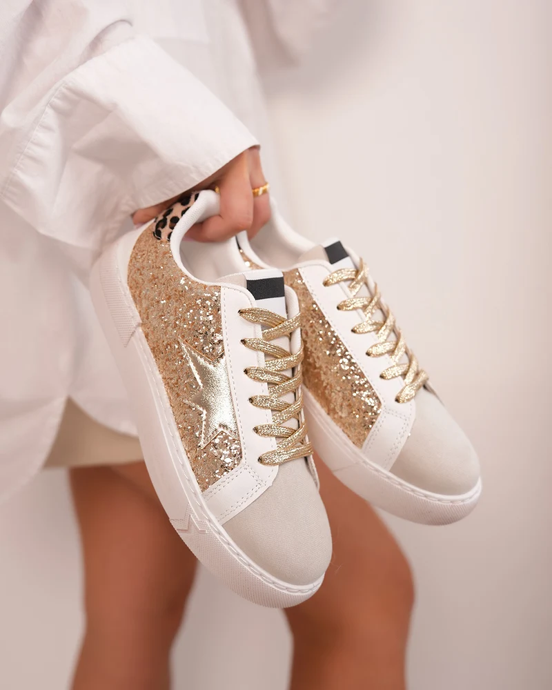 Basket Femme Beige à Empiècement Pailleté Doré et Détails Tendance