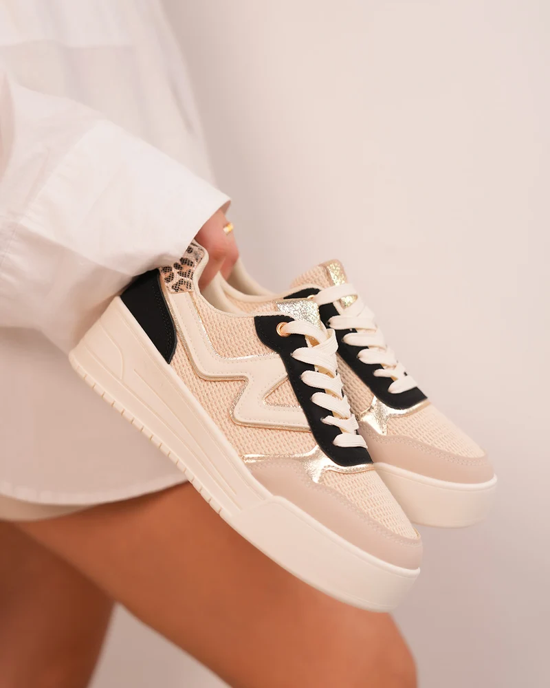 Basket Femme Beige Tissée avec Détails Dorés et Léopard