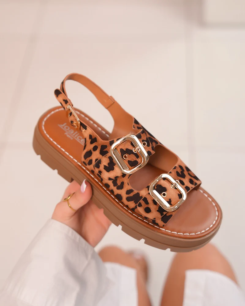 Mules Femme Léopard avec Double Brides et Bride Arrière à Boucles Dorées