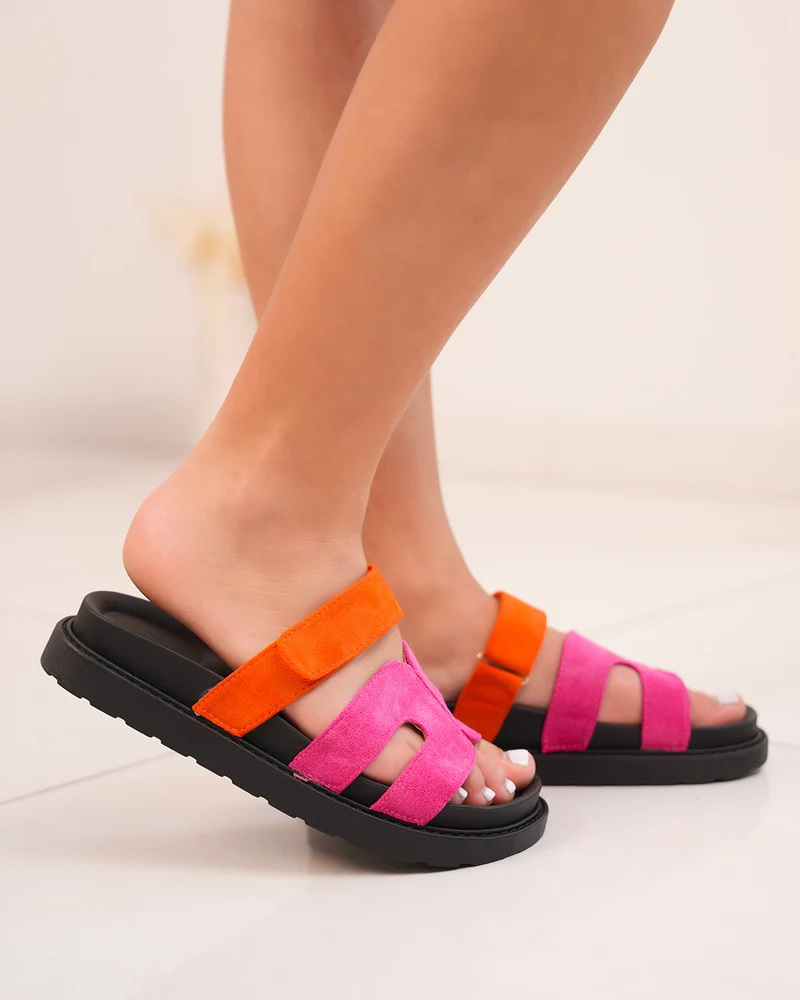 Mules femme noires avec brides H rose fuchsia et scratch orange