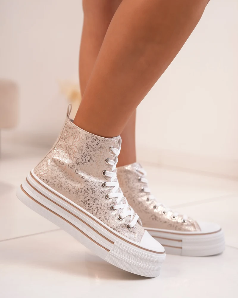 Basket montante champagne femme avec semelle épaisse et détails rose gold