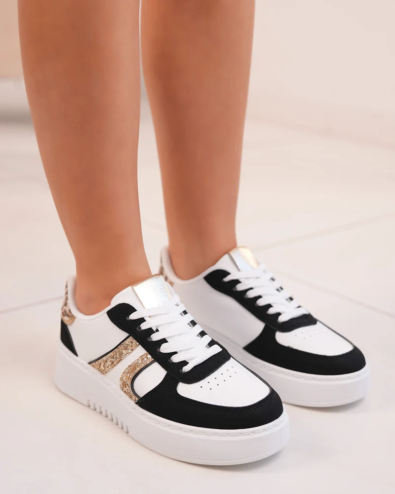 Basket blanche et noire femme avec détails léopard et paillettes dorées