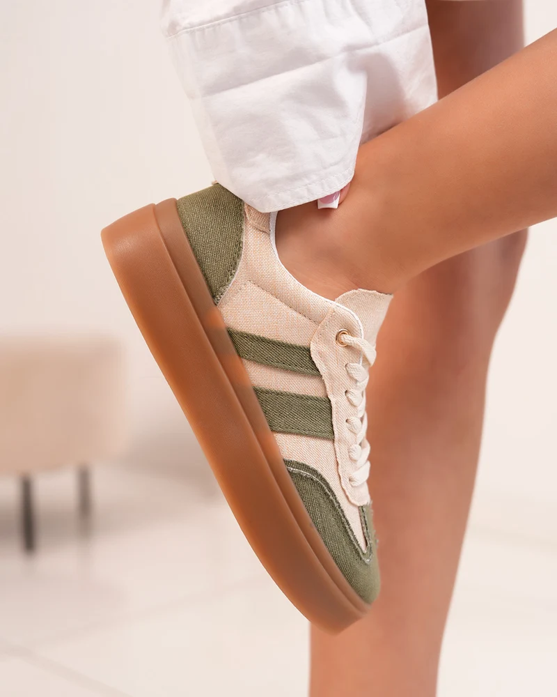 Basket femme effet jean beige et kaki avec semelle épaisse marron