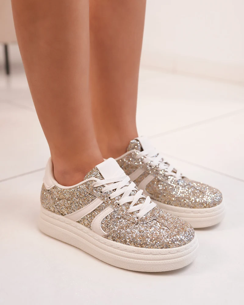 Basket dorée pailletée femme avec lacets blancs et semelle épaisse
